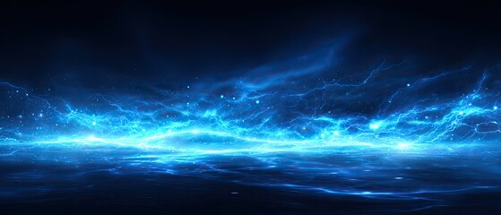 Energetic blue plasma field over a reflective surface in the dark