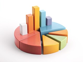 Stacked pie chart with bars rising from it, colored pastel, on white background