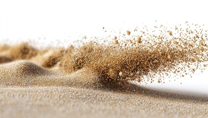 Sand exploding into air, against a white backdrop, motion blur