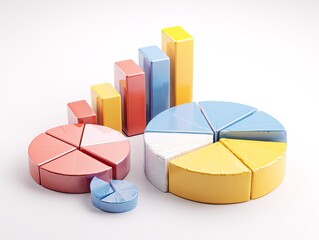 Charts on white bar, pie, separated slices. Shiny. Growth. Progress