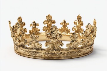 Ornate gold crown with fleur-de-lis decorations sits on a stark white surface