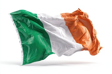Irish flag waves mid-air, green, white, and orange, isolated on white