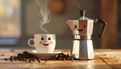 Cute Coffee Cup and Moka Pot Characters Steam Rising with Coffee Beans on Wooden Table in Warm Sunlight