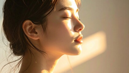 Close up profile of a young woman with wet skin and sparkling glitter on her face and hair illuminated by warm golden hour sunlight with a soft blurry background