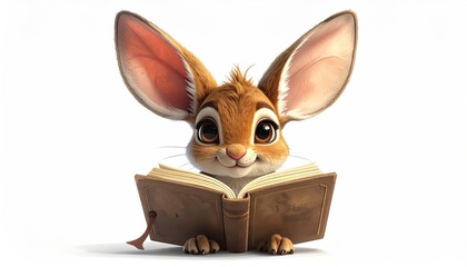 Cute Fictional Bunny Character With Big Ears Reads An Old Book In A Studio Setting With White Background And Soft Lighting