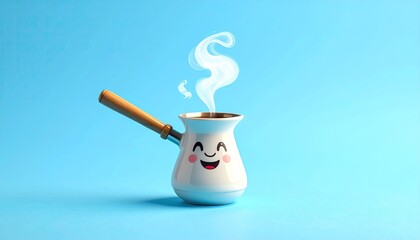 Cute Happy Cartoon Coffee Pot with Steam Rising Against a Bright Blue Background and Soft Lighting