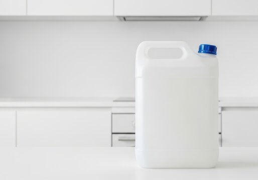 White plastic cleaning liquid bottle with blue cap isolated on white background