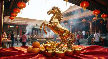 Obraz premium Polished golden horse statue by tangerines temple courtyard with lanterns