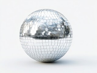 Shiny disco ball with small mirrored squares, on a clean white surface