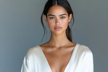 A  woman in a white silk blouse and gold jewelry