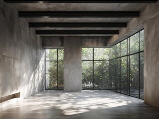 Concrete room with large windows viewing lush green trees in sunlight