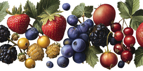 Vibrant arrangement of various colorful berries and fruits