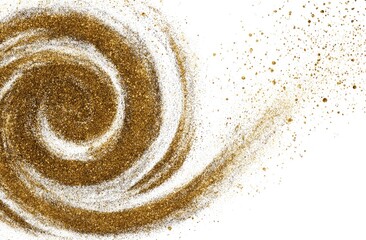 Golden dust swirling in a spiral pattern, fades to scattered specks on white