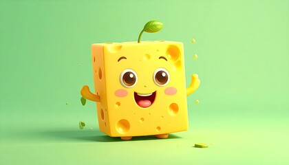 Cute Yellow Cheese Character with Happy Face and Green Sprout on Light Green Background