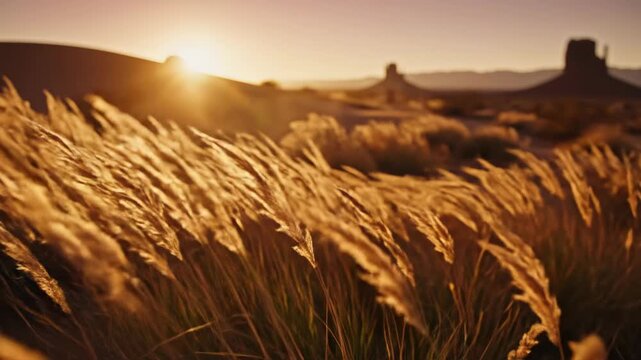 Wide angle cinematic shot during golden hour capturing tall dry grass and reeds swaying rhythmically in the desert breeze creating beautiful natural fluid waves meadow, texture, peaceful