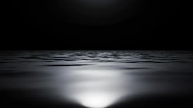 Wide angle cinematic shot of a perfectly still dark water surface reflecting diffused light creating a minimal deep black void and infinite space diffused, infinite, still
