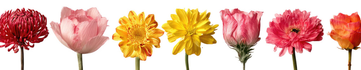 Colorful flowers in a horizontal row, outlined in black