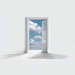 Open door in white wall, bright sky/clouds beckon