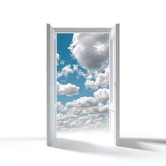 Open white door frame shows bright blue sky filled with fluffy clouds