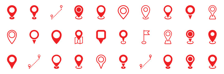 Collection of red map pin vector icon. Marker location icon set. Map pin place marker. Map marker pointer icon. GPS location symbol.