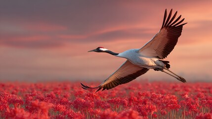 Obraz premium Majestic Crane Soars Over Vibrant Red Poppy Field at Sunset.
