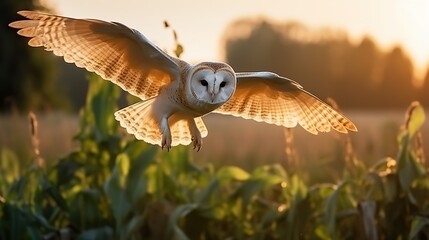 Graceful Barn Owl in Full Flight Over a Sunlit Field at Golden Hour