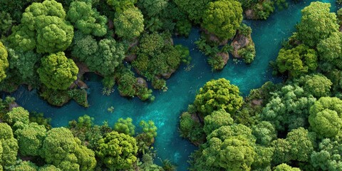 Dense forest canopy with a winding blue river, aerial perspective