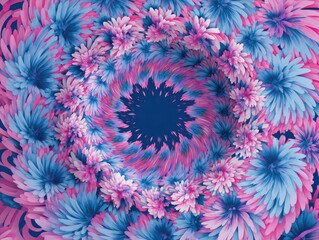 Floral vortex with pink & blue petals spiraling towards a dark center