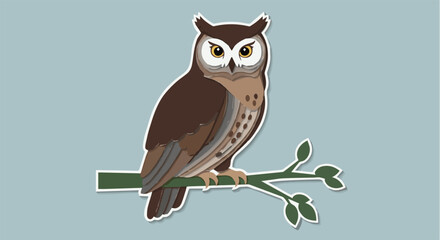 Fototapeta premium Stylized Paper cut Illustration of a Watchful Brown Owl with Yellow Eyes Perched on a Leafy Branch Against a Soft Blue Background
