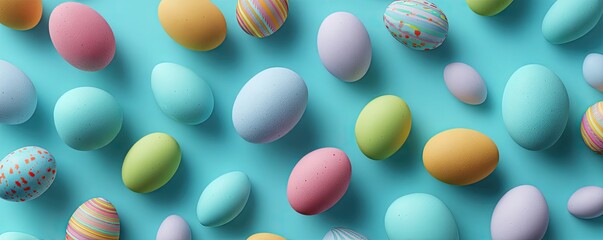 Easter eggs scattered on a blue background