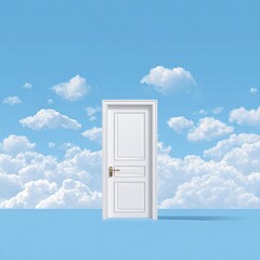 White door stands against fluffy clouds in a blue sky, dreamlike and surreal