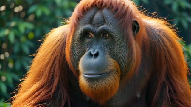 Close-up of a mature orangutan with vibrant orange fur and deep contemplative eyes set against a lush green background