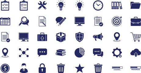 Collection of 25 black and white line icons for business finance real estate and housing