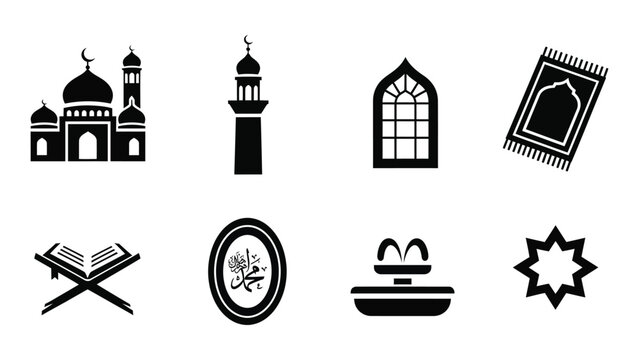 Islamic symbols and artifacts. set of vector icons with landmarks. 