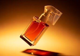 Radiant Amber Scent Bottle Suspended in Warm, Evocative Light, Symbolizing Essence and Elegance