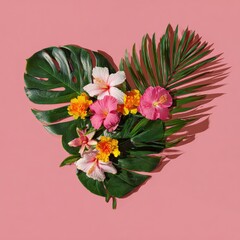 Heart-shaped leaf arrangement with tropical flowers on pink background, top-down view
