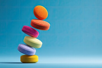 Stacked, colorful discs balancing precariously on a light blue surface