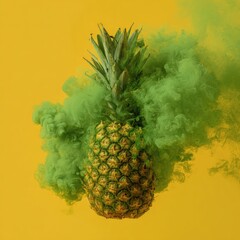 A golden pineapple bursts from yellow backdrop amidst vibrant, green smoke