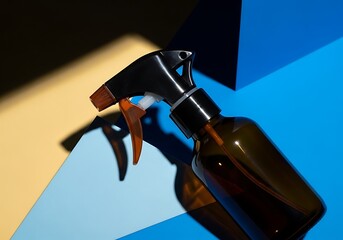 Stylish Spray Bottle Casting Striking Geometric Shadows on a Vibrant Blue and Yellow Background