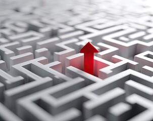 Red arrow stands out, reaching goal in complex white maze