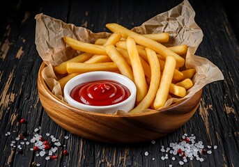 Delicious French Fries Served in a Wooden Bowl with Ketchup