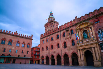 Naklejka premium Piazza Maggiore, Bologna City’s main square lined with Medieval and Renaissance buildings in Italy