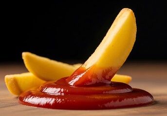 Crispy Potato Wedge Dipped in Rich Red Ketchup, A Classic Savory Snack Combination