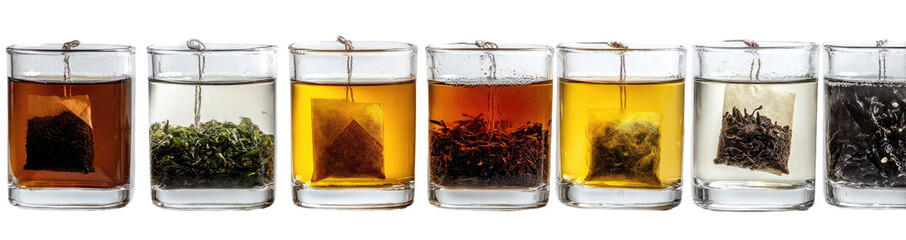 Variety of tea bags in clear glass containers