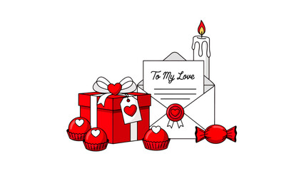 Red Gift Box, Letter, Cupcakes, and Candle, Celebrating Love and Romance