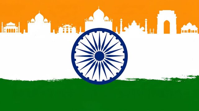 India Republic Day Background Flag Grunge Ashoka Chakra Skyline Vector