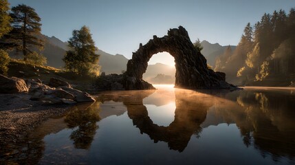 Majestic Natural Rock Arch Over Serene Lake at Sunrise.