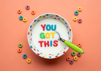 Colorful cereal letters spell out inspirational message in a bowl of milk, encouraging a positive mindset