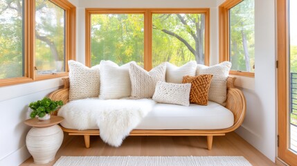 Cozy window nook, centered rattan bench seat piled high with knitted pillows and fluffy cushions, wool blankets, rain on glass outside, warm inviting atmosphere