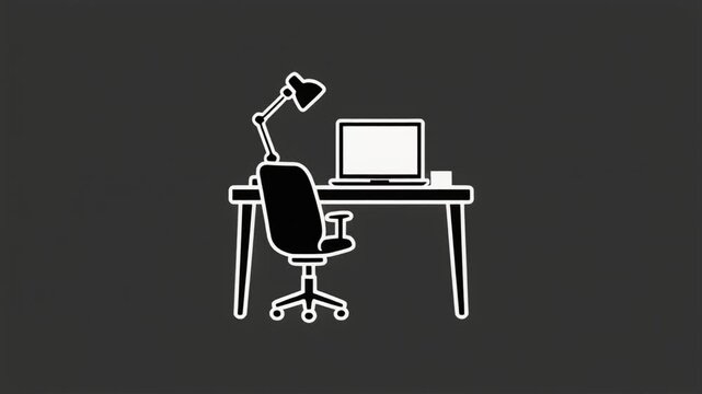 Outline illustration of a desk with a laptop, chair, and desk lamp on a dark gray background table computer